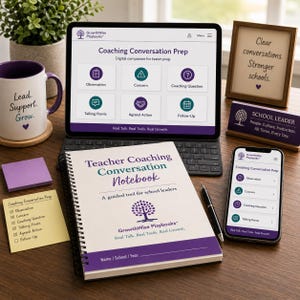 May include: A spiral-bound Teacher Coaching Conversation Notebook, a tablet, and a smartphone displaying the GrowthWise Playbooks interface. A white mug with purple text, a framed sign, a desk nameplate, and sticky notes are also present.