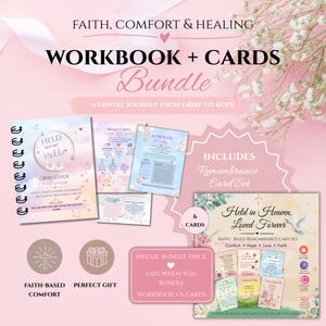 May include: A bundle of a grief guide workbook and remembrance cards. The workbook is spiral-bound with a soft cover. The cards are in a set of six. The bundle is faith-based and includes the text "Held in Heaven, Loved Forever."