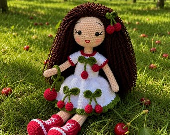 Muñeca de ganchillo Cherry, peluche amigurumi hecho a mano, decoración cottagecore, hilo de algodón