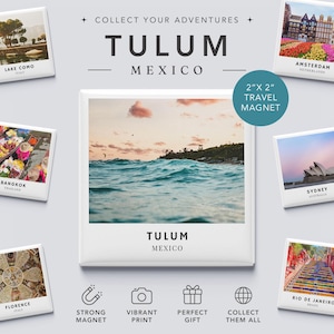 May include: A square 2 inch by 2 inch travel magnet featuring a photograph of the ocean in Tulum, Mexico. The magnet displays the text Tulum Mexico at the bottom. It is surrounded by other travel magnets depicting Lake Como, Amsterdam, Bangkok, Sydney, Florence, and Rio de Janeiro.