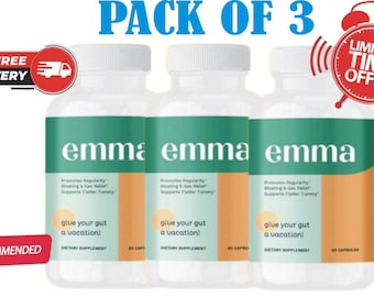 Confezione da 3 capsule di Emma Gut Health, integratore per la salute intestinale, formula per il supporto digestivo, sollievo dal gonfiore, probiotici e fibre, capsule per una depurazione naturale.
