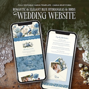 May include: Two smartphones displaying a wedding website template featuring blue hydrangea and bird illustrations. The screens show text including "Romantic & Elegant Blue Hydrangeas & Birds Wedding Website," "Rebecca & Liam," and "RSVP" forms.