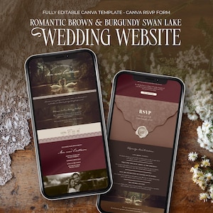 May include: Two smartphones showcasing a wedding website template in romantic brown and burgundy tones. The design includes a swan lake theme and an RSVP form. The text on the screen reads "Wedding Website".