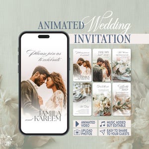 Può includere: Uno smartphone che mostra un modello di invito a nozze animato con una coppia, composizioni floreali e testo che include "Please join us to celebrate," "Jamila and Kareem," "January 21st 2025," "The Pines Estate," "Dinner & Drinks," e "Kindly RSVP."
