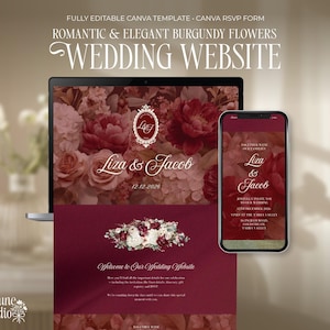 Puede incluir: Un portátil y un smartphone muestran una plantilla de sitio web de boda con diseños florales burdeos. El sitio web presenta los nombres "Liza & Jacob" y la fecha "12.12.2026". El texto "Wedding Website" se muestra en la parte superior.