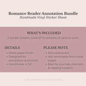 Op de afbeelding: Een Romance Reader Annotation Bundle set van twee handgemaakte vinyl stickervellen met in totaal 74 stickers. De stickers met matte afwerking zijn bedoeld voor dagboeken en planners, zijn niet waterbestendig en niet verwijderbaar.