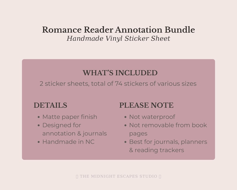 Op de afbeelding: Een Romance Reader Annotation Bundle set van twee handgemaakte vinyl stickervellen met in totaal 74 stickers. De stickers met matte afwerking zijn bedoeld voor dagboeken en planners, zijn niet waterbestendig en niet verwijderbaar.