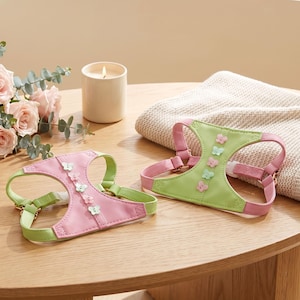 Elegant Pastel Pink Green Dog Harness, Aesthetic Floral Denim Puppy Vest with Leash, Cozy Adjustable Small Dog Harness, Pet Lover Gift