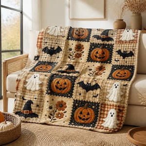 Puede incluir: Una manta acolchada con un diseño de patchwork de cuadrados alternos. El patrón incluye motivos bordados de calabazas de Halloween naranjas, fantasmas blancos, murciélagos negros, sombreros de bruja negros y flores marrones sobre fondos a cuadros.