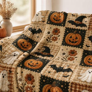 May include: A quilted throw blanket featuring a repeating patchwork pattern of Halloween motifs including orange jack-o'-lanterns, white ghosts, black witch hats, black bats, and brown floral arrangements set against black and tan plaid backgrounds.