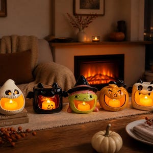 Może przedstawiać: Zestaw pięciu ceramicznych świeczników na podgrzewacze z motywem Halloween, przedstawiających białego ducha, czarnego nietoperza, zieloną czarownicę, pomarańczową dynię i białego wampira, każdy z zapaloną żółtą świeczką LED wewnątrz.