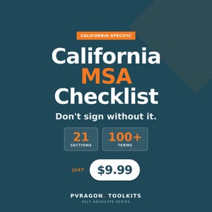 May include: A teal graphic with the text "California MSA Checklist" in white and orange. The checklist includes 21 sections and 100+ terms. The text "Don't sign without it" is also included.