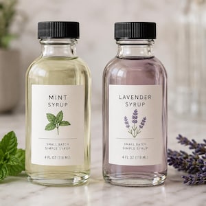 Peut inclure: Deux bouteilles en verre transparent avec des bouchons noirs contenant du sirop de menthe et de lavande. Chaque étiquette blanche porte l'inscription Mint Syrup ou Lavender Syrup, Small Batch Simple Syrup et 118 ml avec des illustrations.