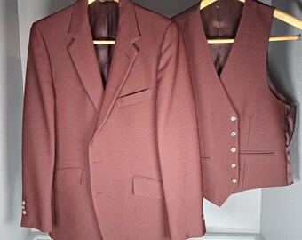 Vintage 70s 80s Petrocelli 3 Piece Suit 40S Burgundy Vest Pants 35x31