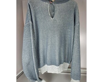Wayne Scott Vintage Mens Large Blue Acrylic Knit Shawl Collar Button Sweater L