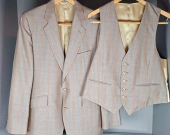 Vintage Petrocelli 3 Piece Suit Mens 40 Beige Plaid Vest Pants 70s 80s Retro
