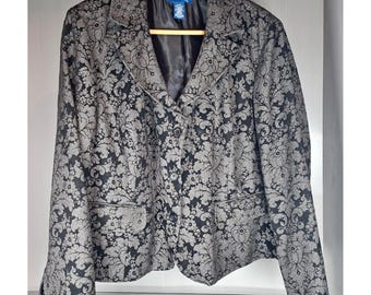 Evan-Picone Woman Blazer 22W Black Silver Damask Floral Jacquard Jacket Lined