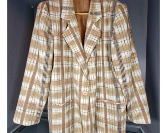 Vintage Units Plaid Blazer Jacket Large Tan Linen Blend Made in USA Style 2751