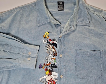 Vintage Warner Bros Looney Tunes Denim Shirt XL Light Wash Cotton Embroidered