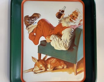 Vintage 1990 Coca-Cola Santa With Deer Metal Serving Tray 11x14 Coke