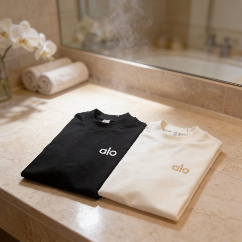 Puede incluir: Dos camisetas de cuello alto dobladas una al lado de la otra. Una camiseta es negra con el texto blanco "alo" bordado en el pecho izquierdo. La otra camiseta es de color blanco roto con el texto dorado "alo" bordado en el pecho izquierdo.