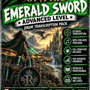 Op de afbeelding: Een digitaal drumtranscriptiepakket voor Rhapsody of Fire Emerald Sword met een fantasy-illustratie van een krijger met een zwaard en een draak bij een kasteel. De tekst bevat kenmerken zoals nauwkeurige transcriptie, noot-voor-noot precisie en MIDI-bestand inbegrepen.