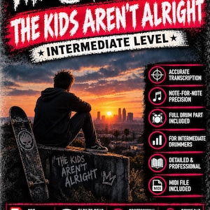 Pode incluir: Um anúncio de partitura digital para a música The Kids Aren't Alright do The Offspring. Mostra uma pessoa sentada num muro com um skate ao pôr do sol, com detalhes sobre partituras de bateria, ficheiros MIDI e downloads em PDF.