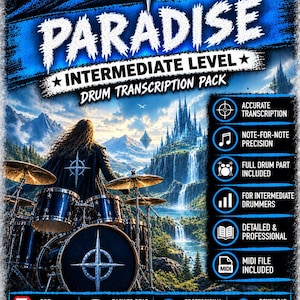 Può includere: Un pacchetto di trascrizione per batteria di Stratovarius Paradise, con un batterista in un paesaggio fantastico. Il testo include "Intermediate Level", "Accurate Transcription", "Note-for-Note Precision", "Full Drum Part" e "MIDI File Included".