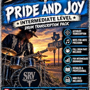 Può includere: Un poster per un pacchetto di trascrizione per batteria di livello intermedio Stevie Ray Vaughan Pride and Joy. L'immagine mostra un musicista che suona la chitarra dietro una batteria con il marchio SRV, su uno sfondo di tramonto in Texas.