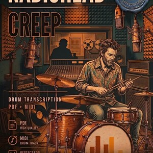 Pode incluir: Ilustração de um baterista tocando bateria, com o texto "RADIOHEAD CREEP" no topo. A imagem inclui o texto "DRUM TRANSCRIPTION PDF + MIDI". A imagem tem um estilo vintage.