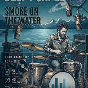 Puede incluir: Ilustración de un baterista tocando una batería con el texto "DEEP PURPLE SMOKE ON THE WATER". La imagen incluye micrófonos, un lago, montañas y el texto "DRUM TRANSCRIPTION PDF + MIDI".