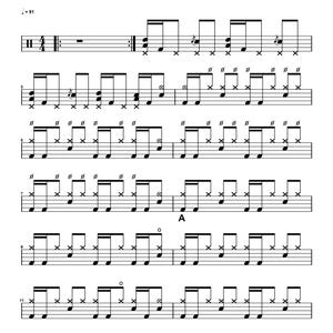 Può includere: Uno spartito per batteria in bianco e nero per la canzone Last Resort dei Papa Roach. Il documento presenta una notazione musicale standard, un'indicazione di tempo di 91 battiti al minuto e i crediti per il batterista Dave Buckner e il trascrittore Frankys Black.