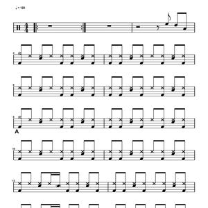 May include: A black and white drum sheet music transcription for the song Come As You Are by Nirvana. The document displays the title, artist, drummer Dave Grohl, and transcriber Frankys Black. It features standard musical notation staff lines.
