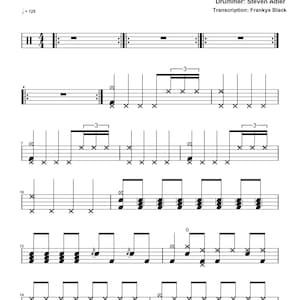 May include: A black and white drum sheet music transcription for the song Sweet Child O' Mine by Guns N' Roses. The document displays the tempo at 125 beats per minute, credits drummer Steven Adler, and lists Frankys Black as the transcriber.