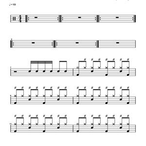 Könnte beinhalten: Ein schwarz-weißes Schlagzeug-Notenblatt für Bon Jovi's Livin' On A Prayer mit einem Tempo von 122, Schlagzeuger Tico Torres und Transkription von Frankys Black. Das Dokument zeigt eine Standard-Musiknotation mit Notensystemen, Pausen und Noten.