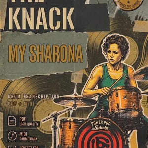 May include: A retro poster design featuring a drummer and a drum kit. The text "THE KNACK MY SHARONA" is displayed. Includes drum transcription details, PDF and MIDI options, and the "POWER POP Ludwig" logo. The image has a vintage aesthetic.