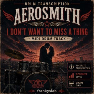 Peut inclure: Une transcription de batterie numérique pour I Don't Want to Miss a Thing d'Aerosmith, avec la silhouette d'un couple devant un coucher de soleil urbain. Le visuel inclut des mentions pour transcription précise, niveau débutant et batterie seule.