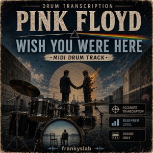 Puede incluir: Un gráfico digital para una pista de batería MIDI de Pink Floyd Wish You Were Here. La imagen muestra una batería en primer plano, con la icónica portada del álbum que muestra a dos personas dándose la mano, una en llamas, frente a un gran sol.