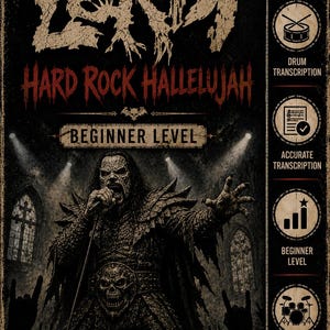 May include: A black and beige music sheet cover for Lordi's Hard Rock Hallelujah featuring a monster-like figure singing into a microphone. The text includes Beginner Level and Frankyslab Drum Transcriptions with four circular icons on the right.