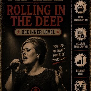 Peut inclure: Une affiche noire et rouge pour une transcription de batterie de Rolling in the Deep par Adele. Elle présente une photo d'Adele chantant, le texte You had my heart inside of your hand, et des icônes pour transcription batterie, précise, débutant et batterie seule.
