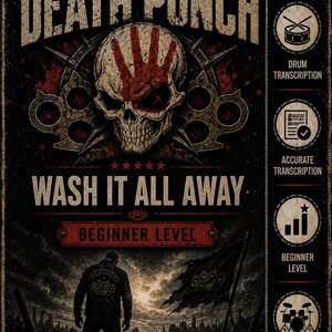 May include: A Five Finger Death Punch drum transcription poster titled Wash It All Away. It features a skull with a red handprint, brass knuckles, and a person standing before a dark landscape. Includes icons for drum transcription and beginner level.
