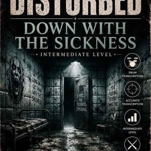 Op de afbeelding: Een donkere, korrelige poster voor de drumtranscriptie van Disturbed's Down With The Sickness. Het toont een gepolsterde cel met een bed, een stoel en tekst op de muren. Iconen rechts geven drumtranscriptie, nauwkeurigheid en gemiddeld niveau aan.