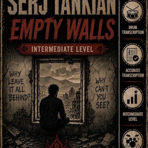 Peut inclure: Une couverture de partition pour Empty Walls de Serj Tankian avec une illustration sombre et texturée d'une personne assise à une fenêtre surplombant une ville en ruine. Le texte inclut Why leave it all behind? et Why can't you see? avec des icônes.