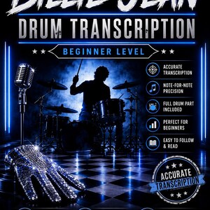 May include: A digital drum transcription for Billie Jean featuring a silhouette of a drummer, a vintage microphone, and a sequined glove on a checkered floor. The text includes Play the Groove, Feel the Legend, Beginner Level, and Learn It, Play It, Own the Groove.
