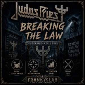 Może przedstawiać: Ciemna, ilustrowana okładka nut do utworu Breaking the Law zespołu Judas Priest. Zawiera motyw więzienny z wieżą strażniczą, tablicą policyjną z oznaczeniami wysokości w stopach oraz logo zespołu. Zawiera ikony transkrypcji perkusyjnej i poziomu.