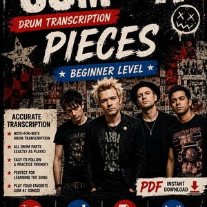 Op de afbeelding: Een promotieposter voor een drumtranscriptie van het nummer Pieces van Sum 41 op beginnersniveau. De afbeelding toont de bandleden, rode en blauwe grafische elementen, sterren en tekst waaronder Accurate Transcription en PDF Instant Download.