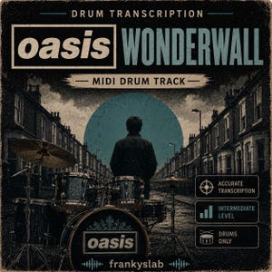 May include: A digital drum transcription for the song Wonderwall by Oasis, featuring a MIDI drum track. The graphic displays a person standing before a drum kit in a street setting, with text including Accurate Transcription, Intermediate Level, and Drums Only.