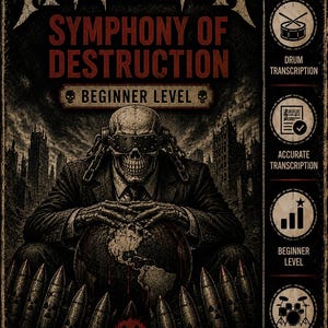 May include: A Megadeth Symphony of Destruction drum transcription sheet for beginner level. The graphic features a skeleton in a suit wearing goggles, holding a globe surrounded by bullets. Text includes "Megadeth", "Symphony of Destruction", and "frankyslab".