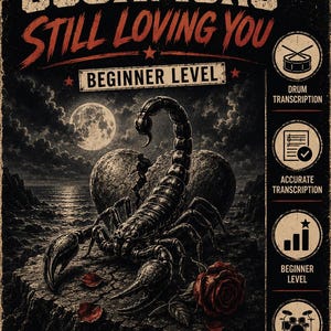 Puede incluir: Un póster para la transcripción de batería de Scorpions Still Loving You con un escorpión negro en un acantilado rocoso, un corazón roto, luna llena y una rosa roja. A la derecha se listan: Drum Transcription, Accurate Transcription, Beginner Level, Drums Only.