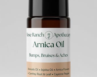 Aceite de árnica con aplicador roll-on de fácil aplicación, producción artesanal.